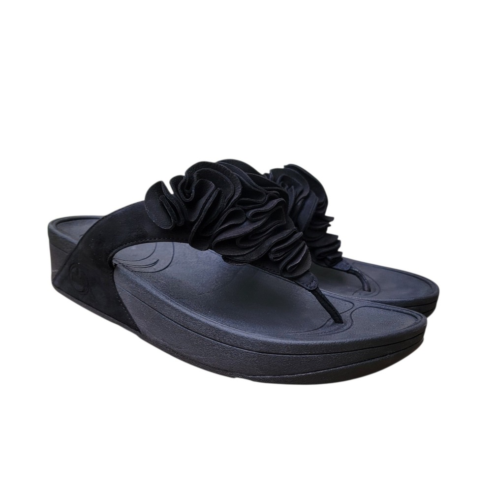 FitFlop Frou Sandals Women Size 9 Black Ruffle Microwobbleboard Thong Flip Flops